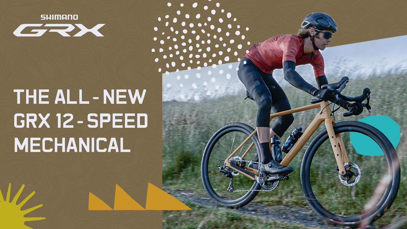Syklist på en sykkel som reklamerer for Shimano GRX 12-delt mekanisk drivverk