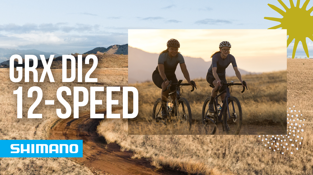 To syklister på en sti med teksten GRX Di2 12-delt og Shimano-logoen