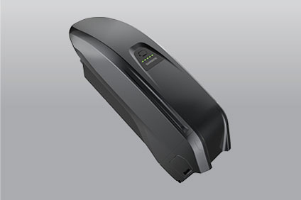 Black e-bike battery pack with indicator lights on a gray background