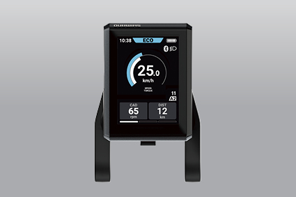 Electric bike display showing speed, mode, battery, cadence, distance, and time