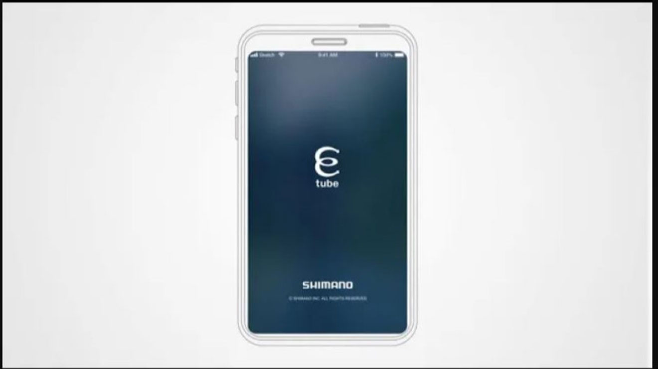 Smartphone displaying the E-Tube app by Shimano on a white background