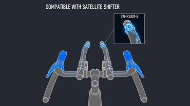 Diagram showing bike handlebars with highlighted satellite shifters, labeled SW-RS801-E, and text 'Compatible with Satellite Shifter'