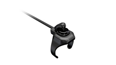 Black electronic component with a wire and a clamp attachment on a white background