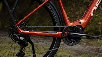 Close-up of a bicycle drivetrain and rear wheel on a red bike