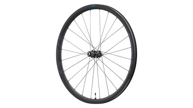 Shimano bike wheel with black spokes and rim