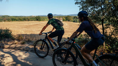 Two cyclists riding on a path beside a field under a clear blue sky