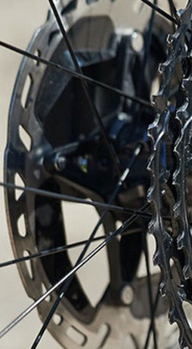 Close-up of a mountain bike's rear cassette and derailleur system