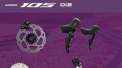 Shimano 105 Di2 bike components including shifters, crankset, cassette, derailleur, and brake rotor.