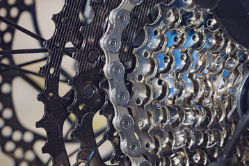 Close-up of a bicycle's gear cassette and chain
